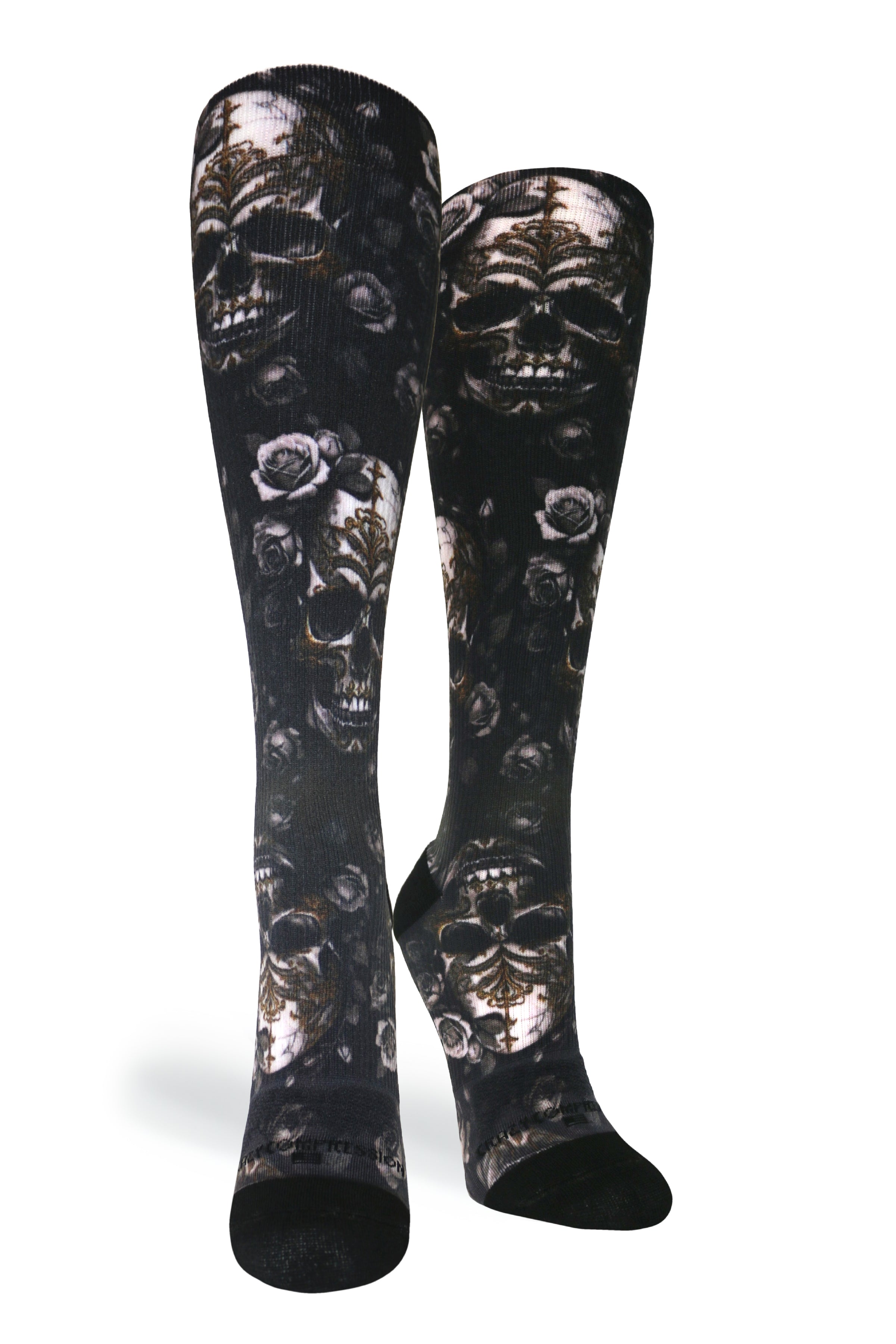 Medias de compresión de venta libre con calaveras adornadas 360 (estándar y extra anchas)