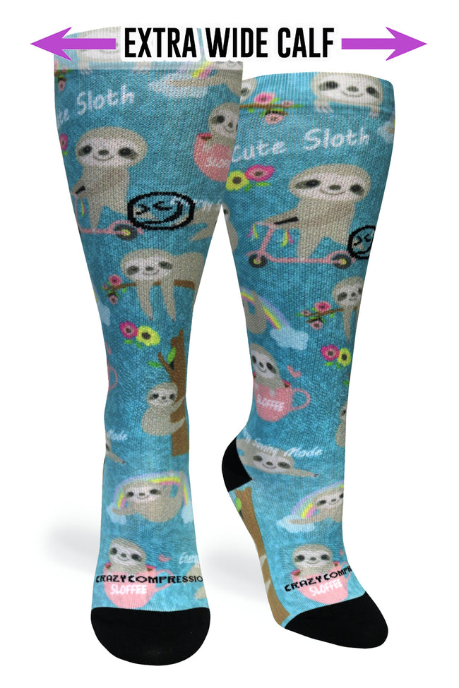 Calcetines de compresión de venta libre con diseño de perezosos 360 Aqua (estándar y extra anchos) 