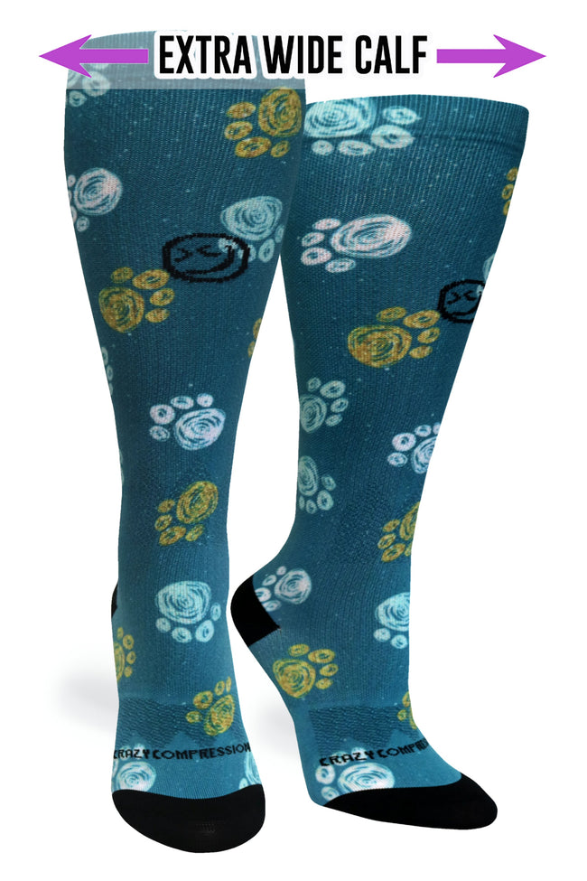 360 mejores calcetines de compresión Frens Paw Prints Dk Teal OTC (estándar y extra anchos) 